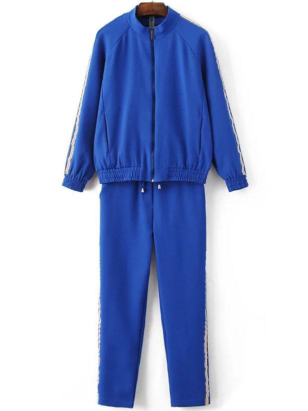 Shein Blue Striped Zipper Jacket With Drawstring Pants