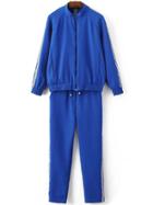 Shein Blue Striped Zipper Jacket With Drawstring Pants