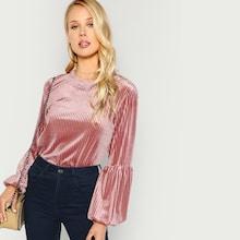 Shein Solid Bishop Sleeve Velvet Tee
