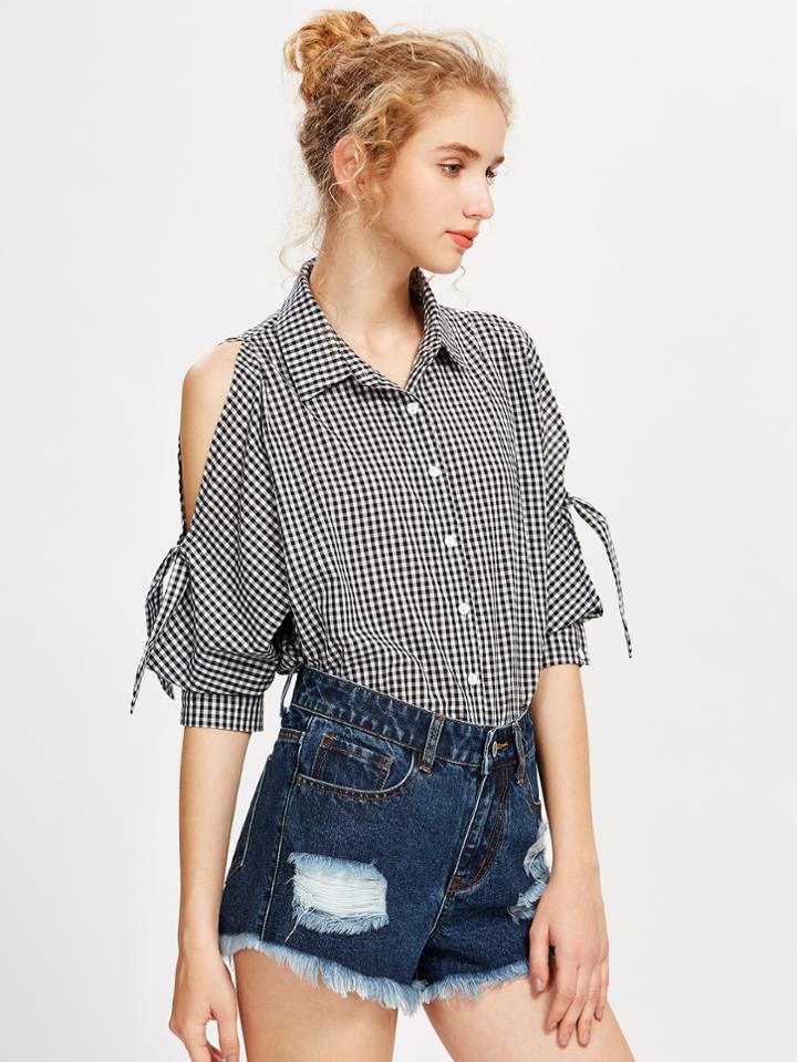 Shein Knotted Split Dolman Sleeve Gingham Shirt