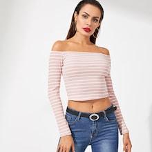 Shein Off Shoulder Rib Knit Striped Crop Tee