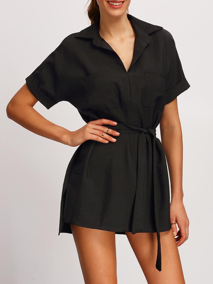 Shein Black Dip Hem Split Shirt Dress With Tie