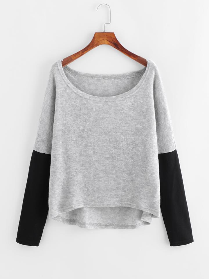 Shein Contrast Sleeve Dip Hem Sweater