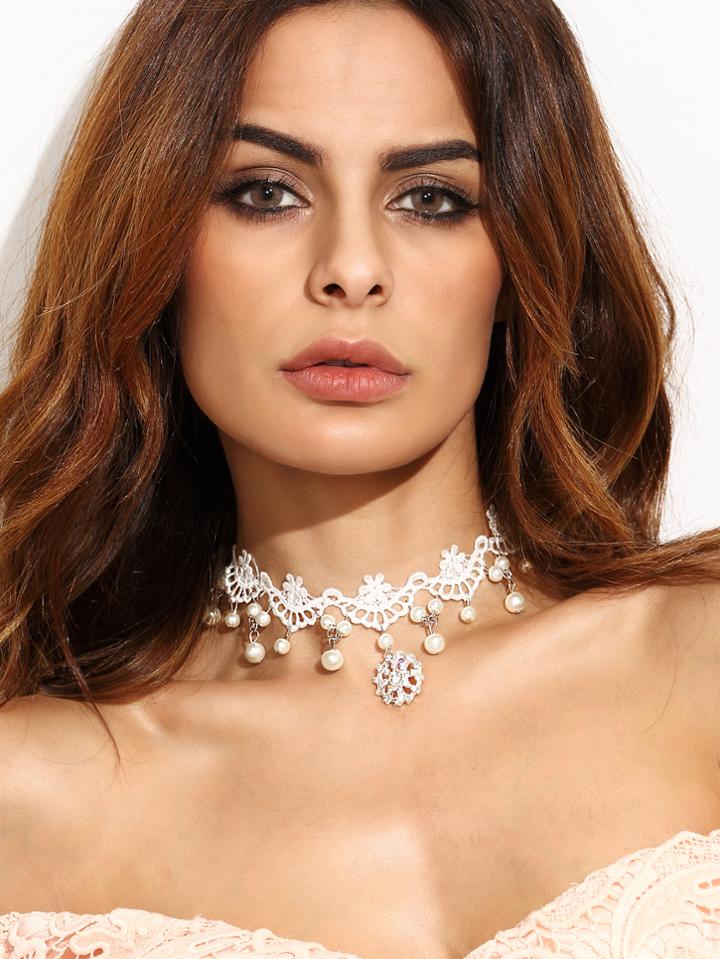Shein White Faux Pearl Rhinestone Lace Choker Necklace
