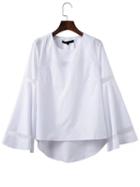 Shein White Mesh Detail Bell Sleeve Dip Hem Blouse