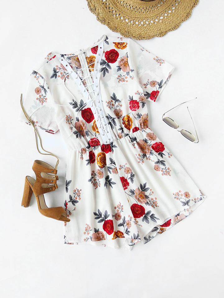 Shein Floral Print Eyelet Lace Up Elastic Waist Romper