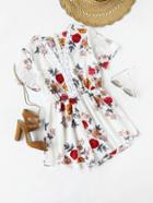 Shein Floral Print Eyelet Lace Up Elastic Waist Romper