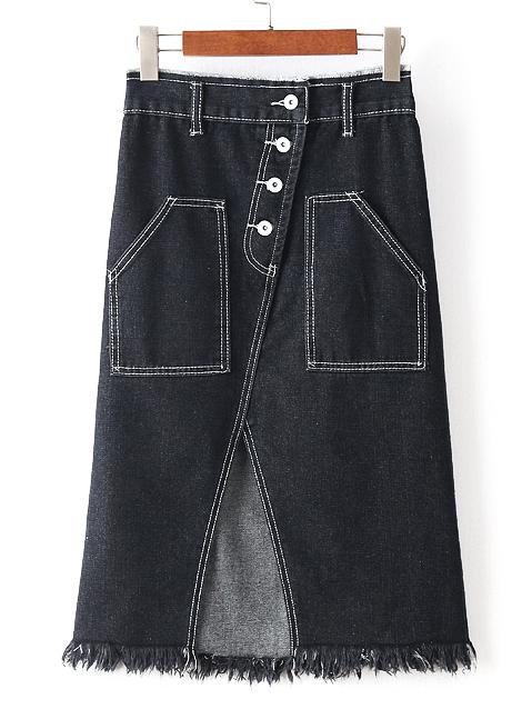 Shein Black Button Cutout Front Raw-edge Hem Denim Skirt