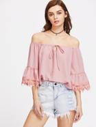 Shein Tie Front Lace Trim Bell Cuff Top