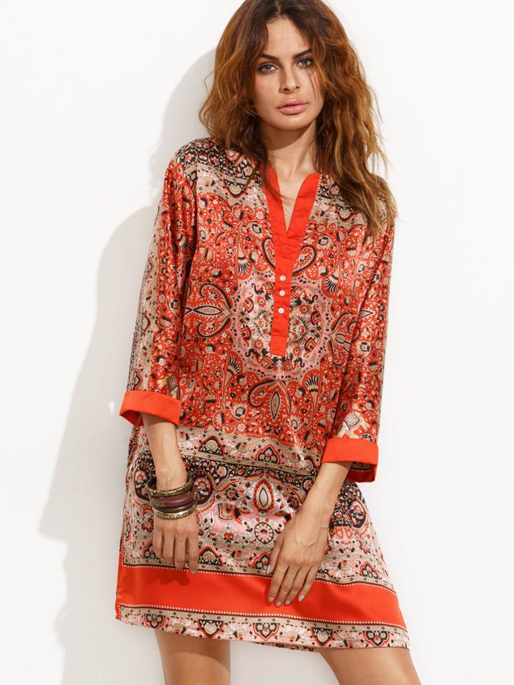 Shein Contrast V Neck Vintage Print Tunic Dress