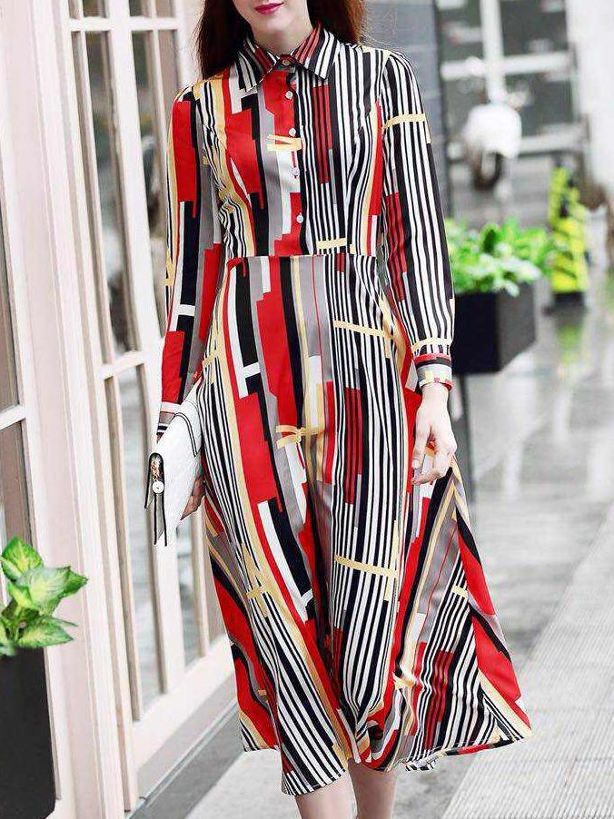 Shein Multicolor Lapel Geometric Print A-line Dress