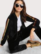 Shein Striped Sleeve Velvet Bomber Jacket