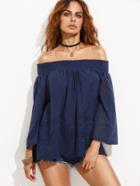 Shein Navy Off The Shoulder Eyelet Shirred Top