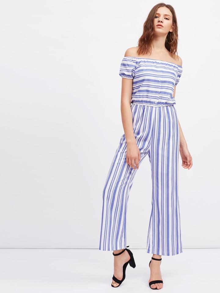 Shein Contrast Striped Bardot Wide Leg Jumpsuit