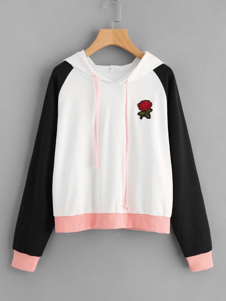 Shein Contrast Raglan Sleeve Rose Patch Hoodie