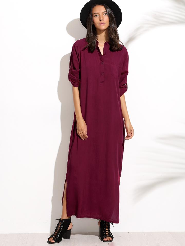 Shein Burgandy Split Side Shirt Dress