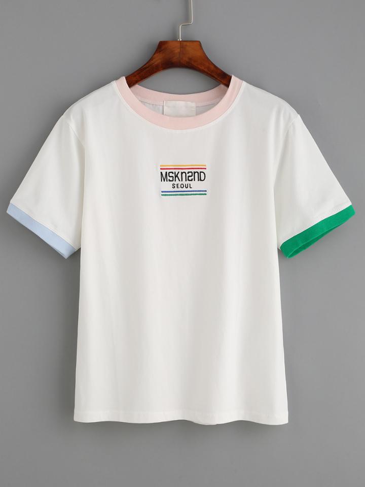 Shein White Letter Embroidered Contrast Trim T-shirt