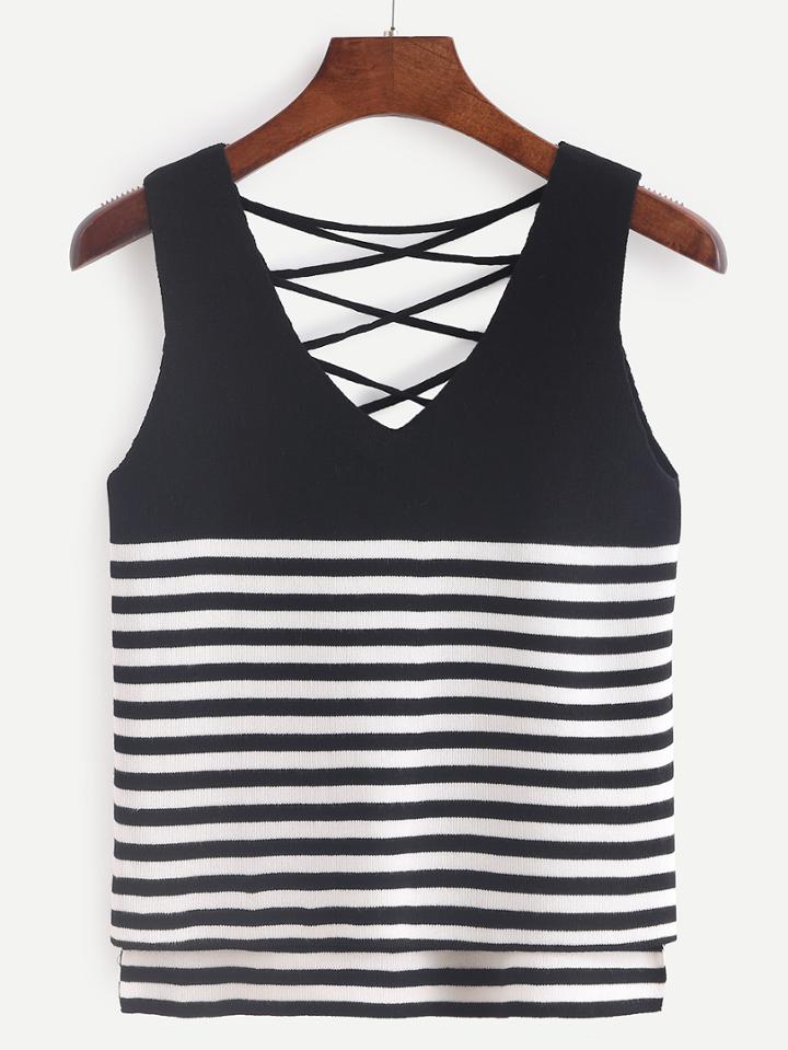 Shein Black Striped Lattice-back Tank Top
