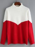 Shein Red White Mock Neck Loose Sweater