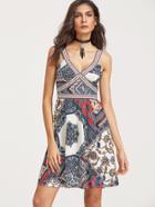 Shein Multicolor Patchwork Print Embroidered Strap Detail A Line Dress