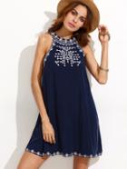 Shein Navy Embroidered Cutout Tie Back Sleeveless Dress