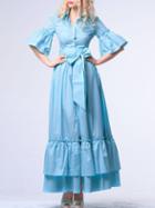 Shein Blue Lapel Tie-waist Split Ruffle Dress