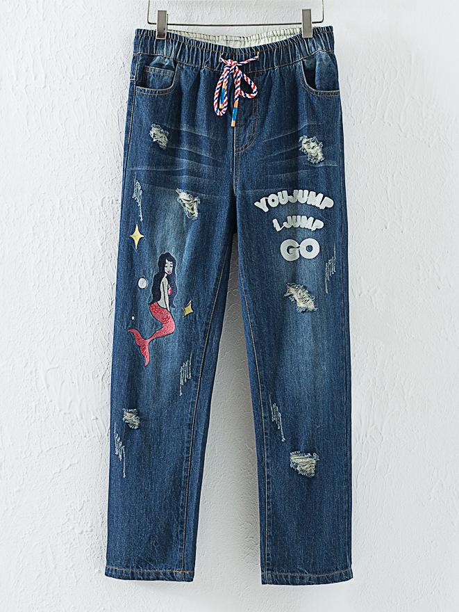 Shein Blue Mermaid Embroidery Ripped Jeans