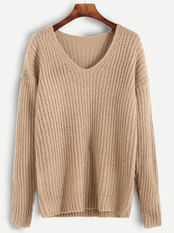 Shein Apricot Ribbed Knit Drop Shoulder Sweater