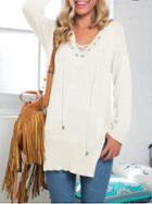 Shein White V Neck Bandage Split Knit Sweater