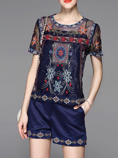 Shein Navy Vintage Embroidered Top With Shorts