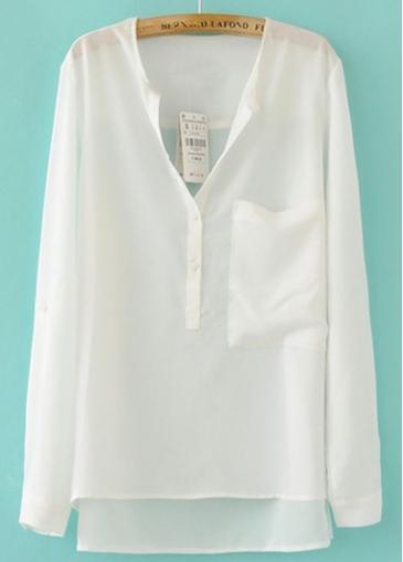 Rosewe V Neck Long Sleeve Cotton White T Shirts