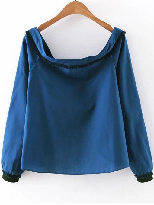 Shein Blue Boat Neck Slit Back Fringe Detail Blouse