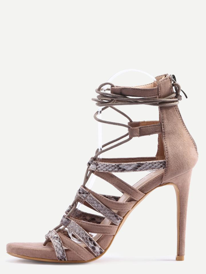 Shein Beige Embossed Lace-up Heeled Sandals - Red