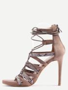 Shein Beige Embossed Lace-up Heeled Sandals - Red