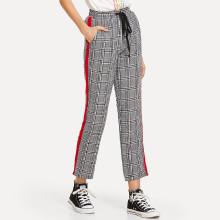 Shein Contrast Tape Side Drawstring Waist Plaid Pants