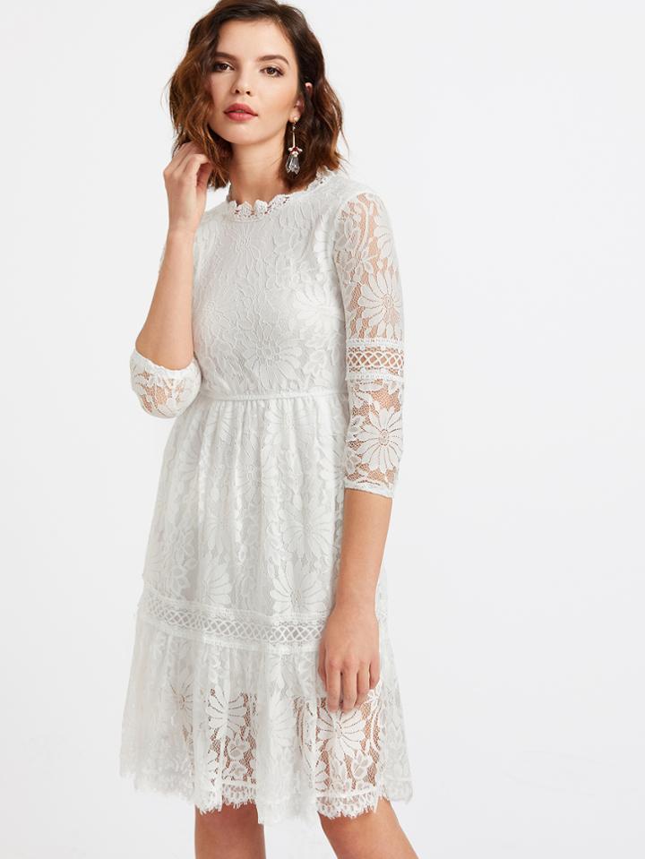 Shein White Lace Overlay Keyhole Back Dress