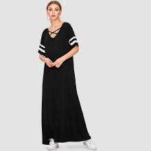Shein Crisscross V Neck Striped Sleeve Dress