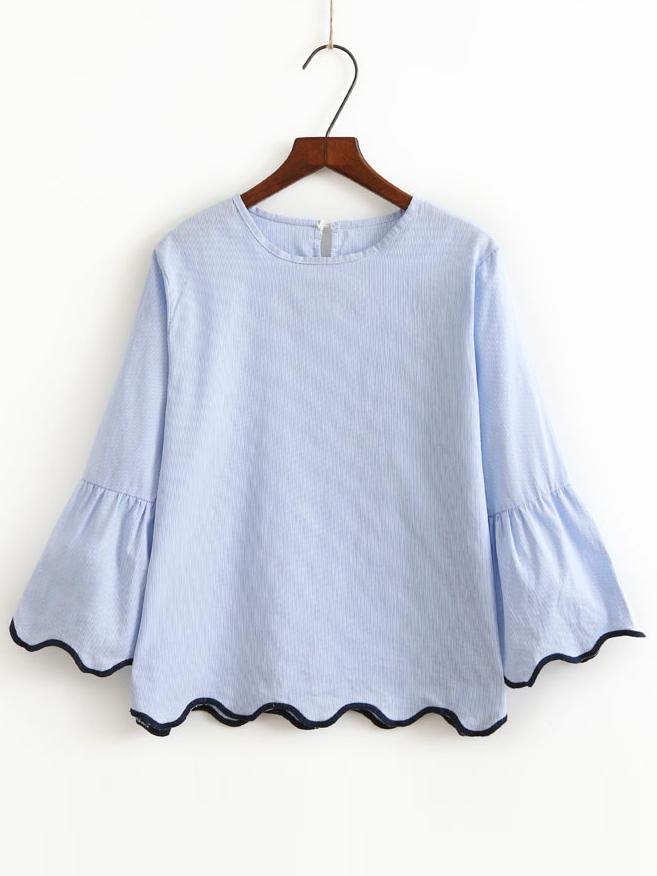 Shein Blue Contrast Binding Bell Cuff Wave Trim Blouse