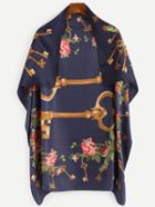 Shein Navy Retro Key Rose Flower Pattern Square Scarf