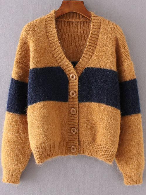 Shein Ginger Color Block Button Up Mohair Sweater Coat