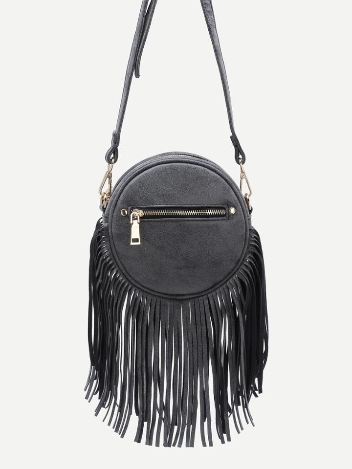Shein Black Fringe Zip Pockets Round Crossbody Bag