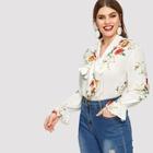 Shein Plus Flounce Sleeve Tied Neck Floral Blouse