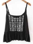 Shein Black Ruffle Hem Embroidery Spaghetti Strap Tank Top