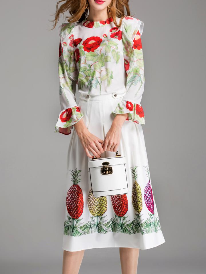 Shein Bell Sleeve Top With Pineapple Print Skirt