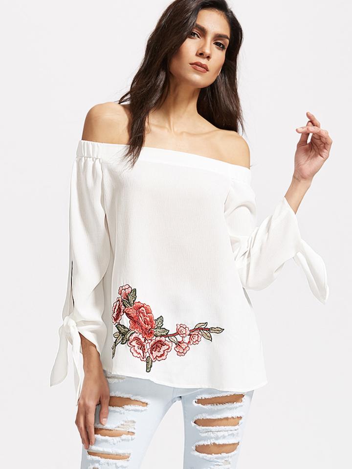 Shein White Embroidered Rose Patch Off The Shoulder Top