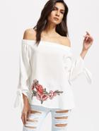 Shein White Embroidered Rose Patch Off The Shoulder Top