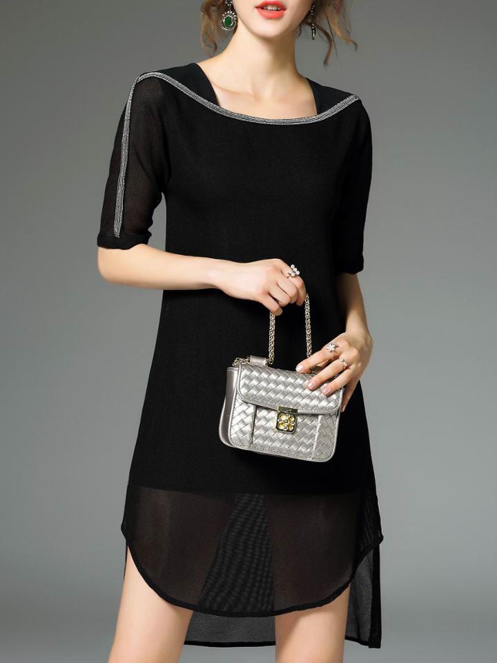 Shein Black Boat Neck Beading High Low Dress
