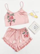 Shein Embroidered Flower Patch Cami & Ruffle Shorts Pajama Set