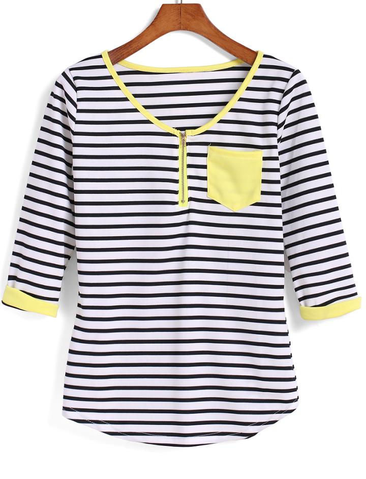 Shein Black White Quilting Pane Colourblock Contrast Trims Striped Pocket T-shirt