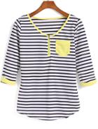 Shein Black White Quilting Pane Colourblock Contrast Trims Striped Pocket T-shirt